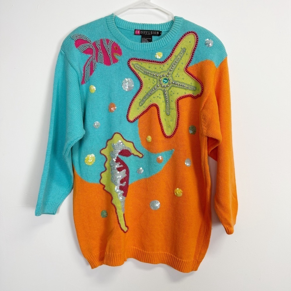 Vintage IB Diffusion Sport Sweater Womens Medium Blue Orange Sea Life Beaded 90s